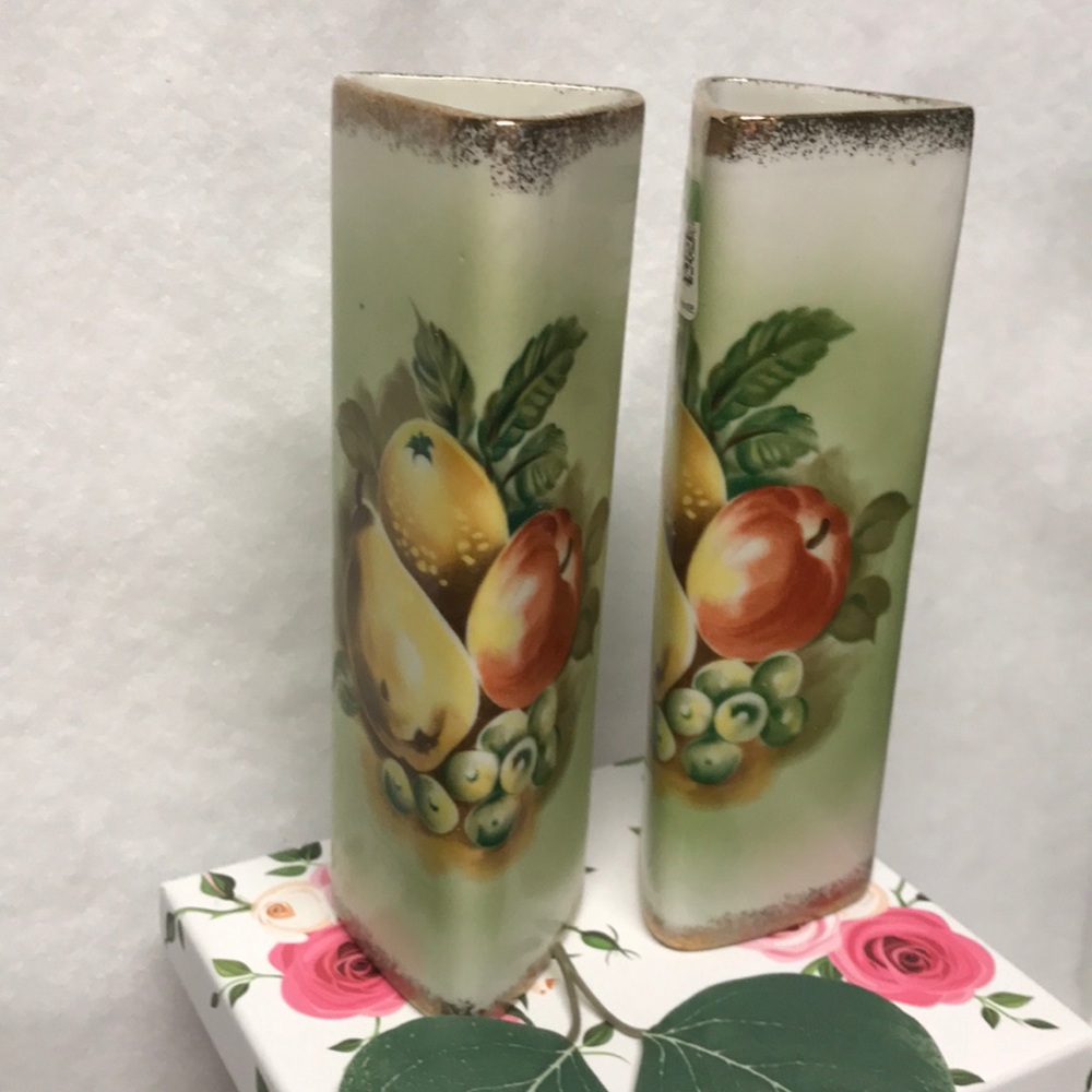 FRUIT VINTAGE GREEN GOLD VASES porcelain gilded gold painted vintage fruit set 2